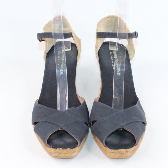 Gaimo Espadrilles Black Canvas Wedge Heel Ankle Strap Open Toe Sandal #132 - Picture 3 of 10